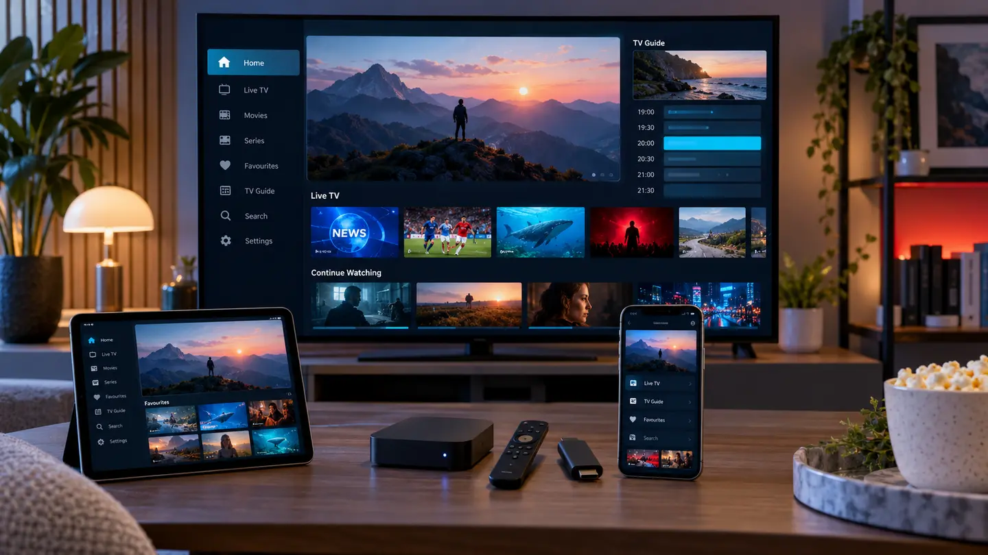 Television, streaming box, phone and tablet showing coordinated generic IPTV player interfaces