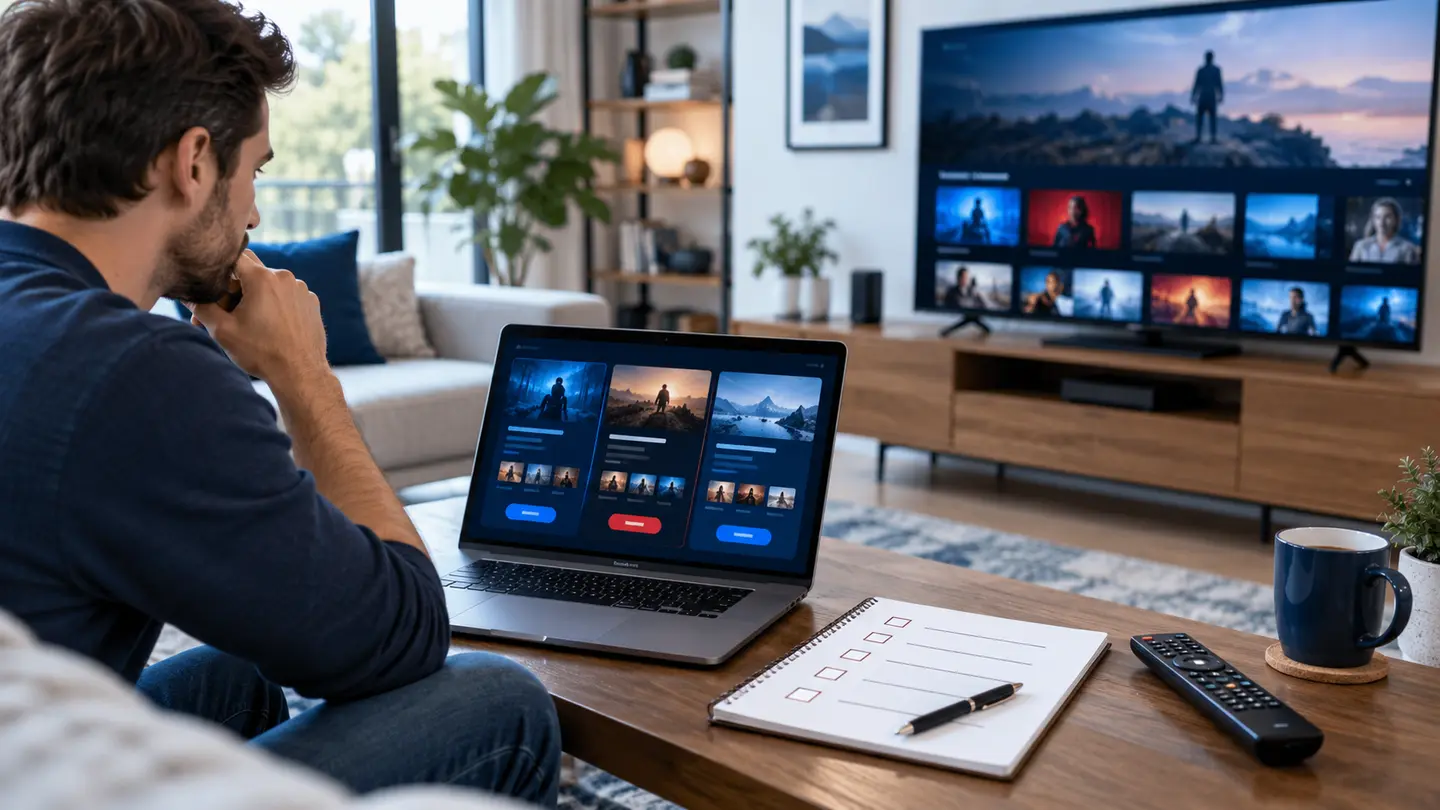 Viewer comparing IPTV service options on a laptop beside a smart television and practical checklist