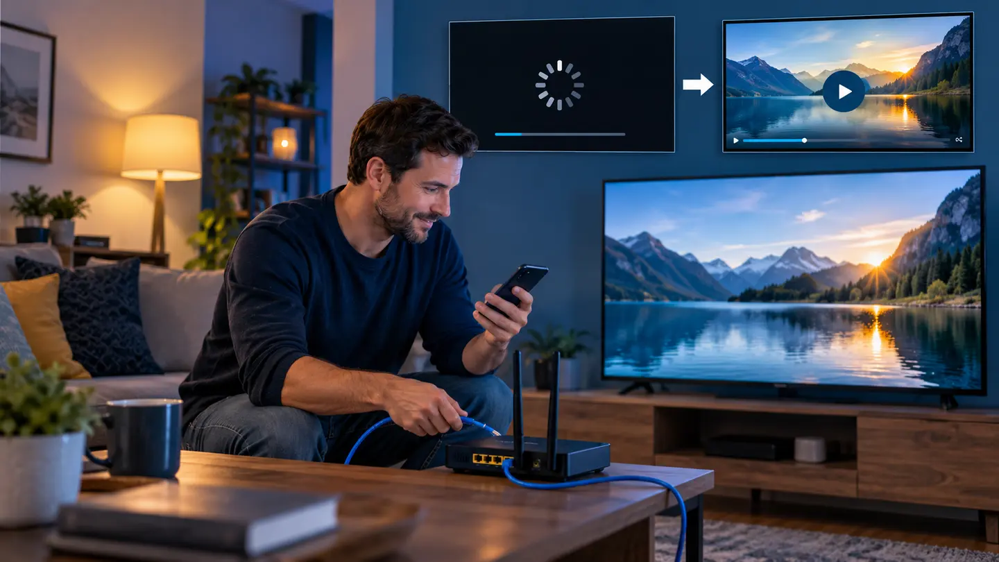 Person troubleshooting IPTV buffering with a router, Ethernet cable, phone and smart television