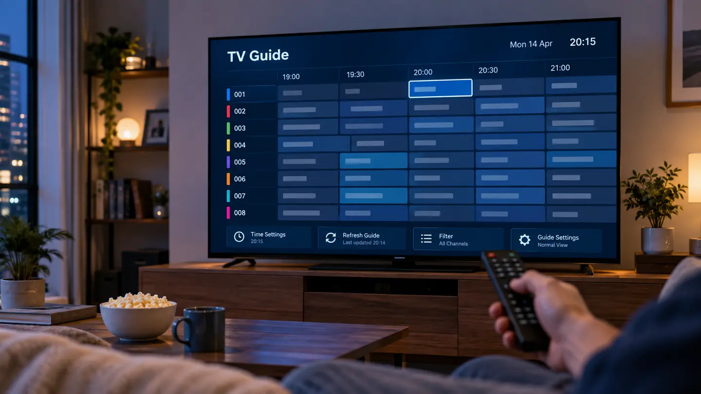 Smart television displaying an original electronic programme guide grid while a viewer uses a remote