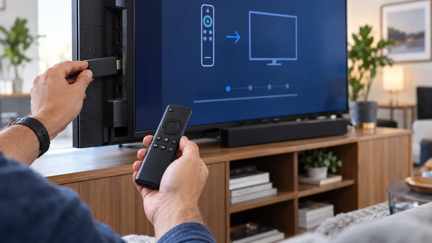 Hands connecting a generic HDMI streaming stick to a television while using a remote for IPTV setup