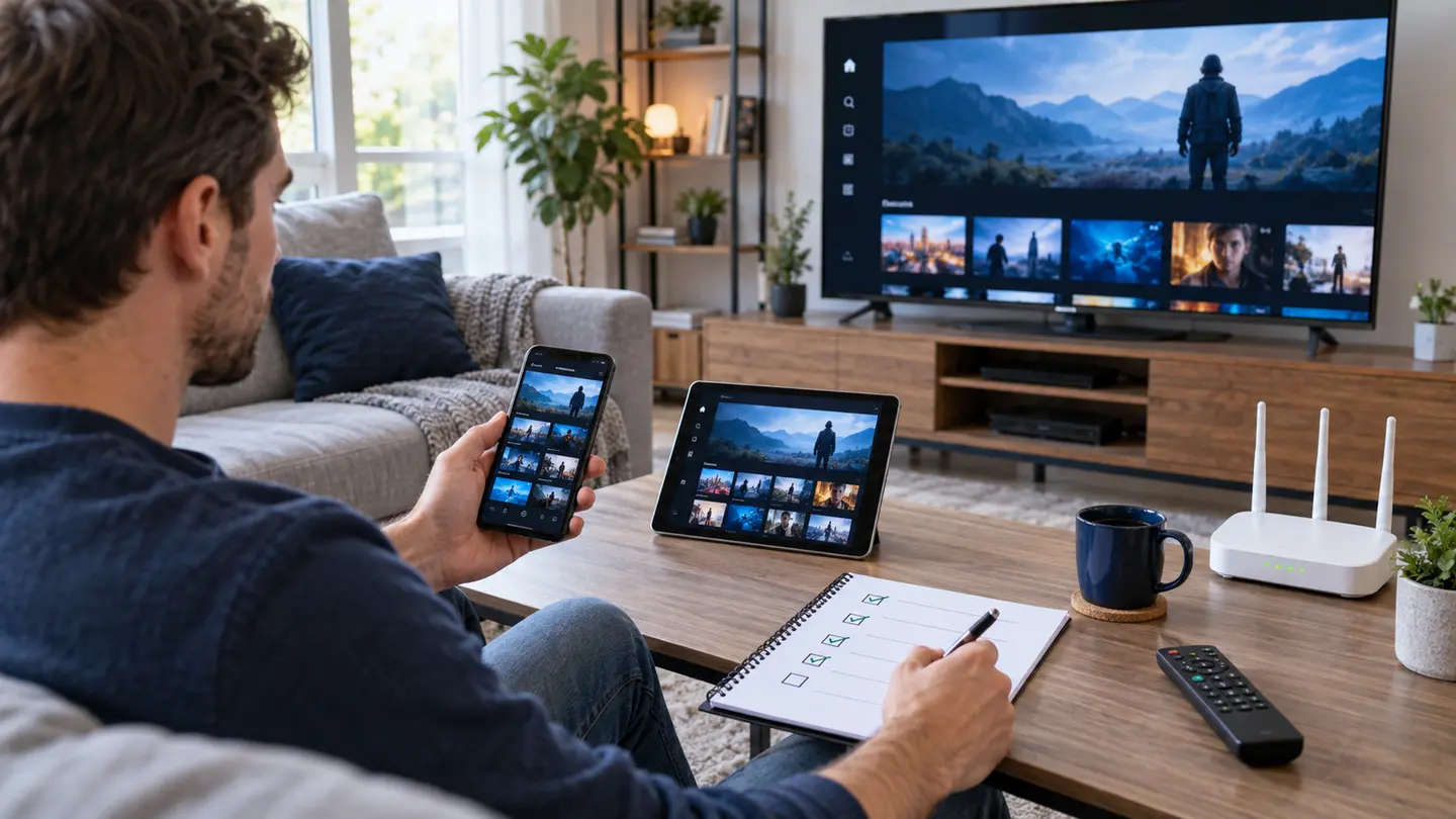 Viewer testing IPTV on a television, phone and tablet while using a practical checklist