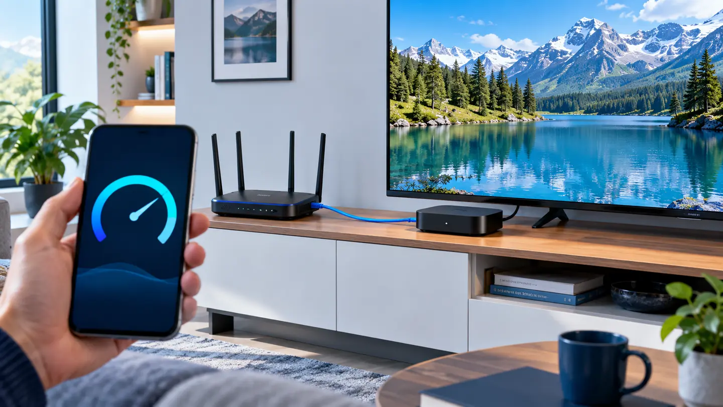 Home router, Ethernet cable, streaming box and television illustrating internet speed for IPTV and 4K