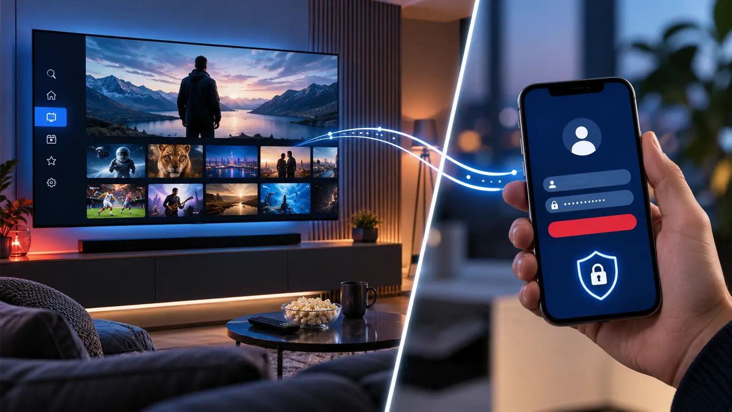 Split scene comparing a generic IPTV player interface with private subscription account access