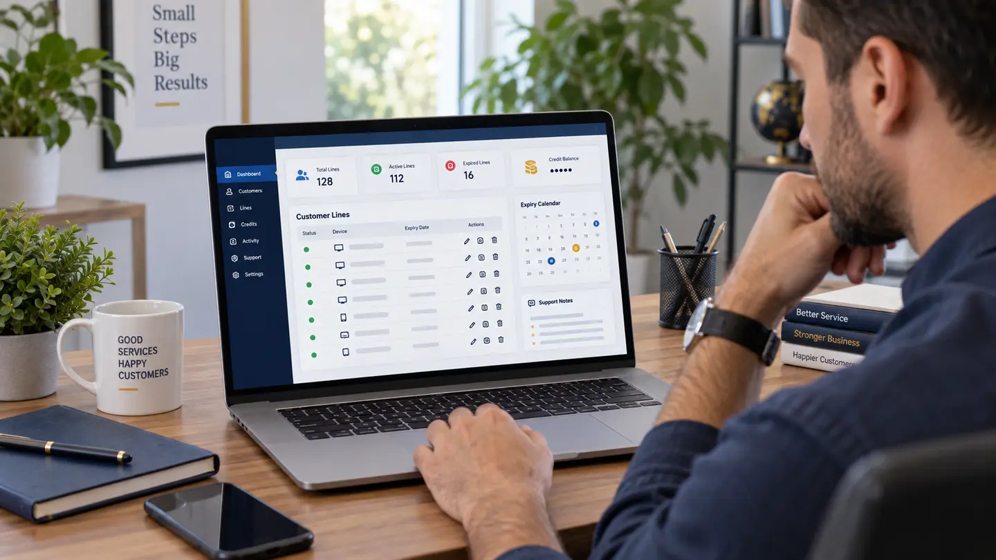 Small business owner reviewing a generic IPTV reseller dashboard with credits and account controls