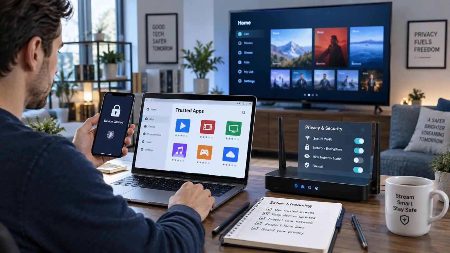 Person securing a home streaming setup with a trusted app store, locked phone, router and smart television