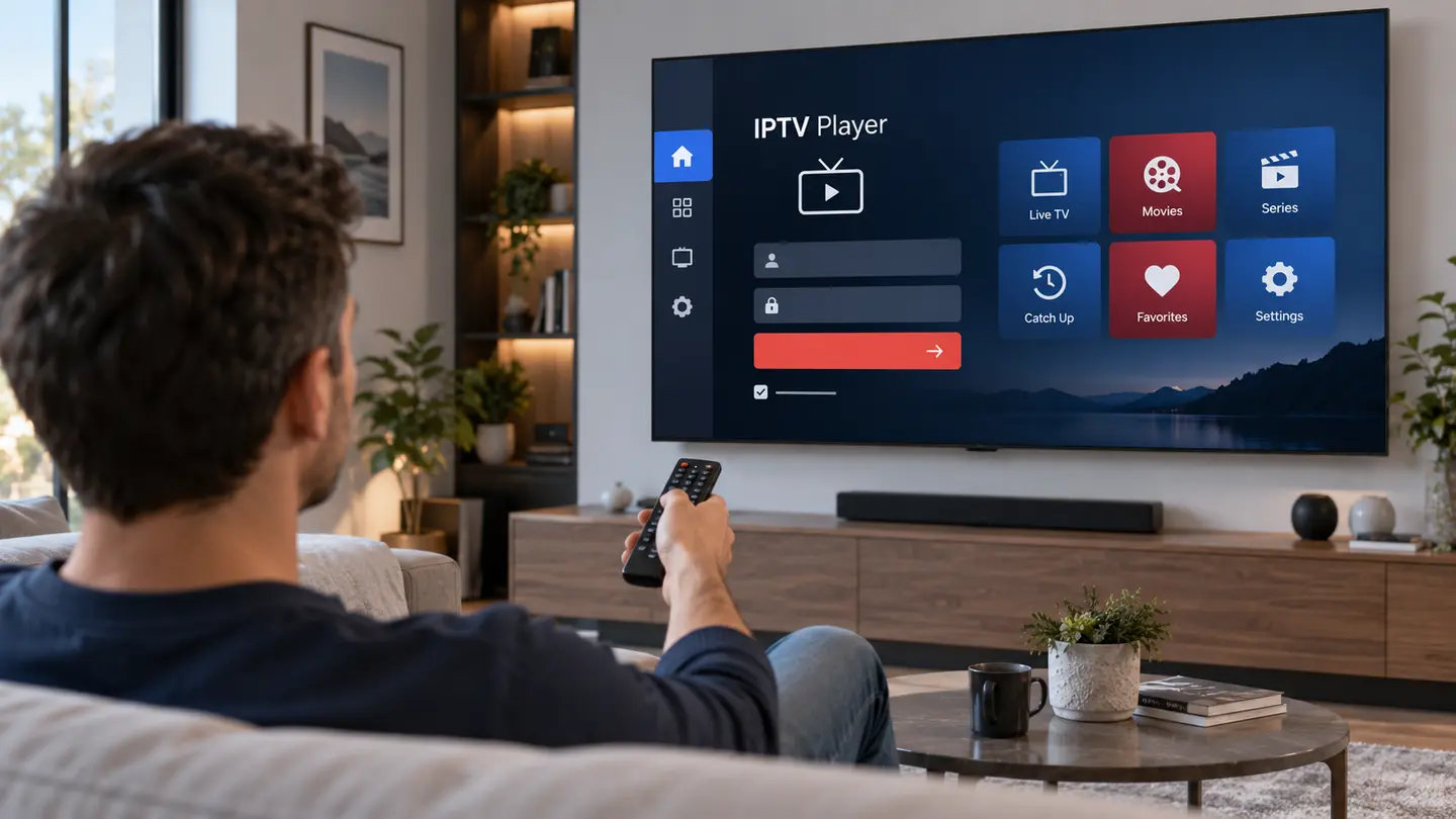 Viewer using a remote to configure a generic IPTV player on a modern smart television