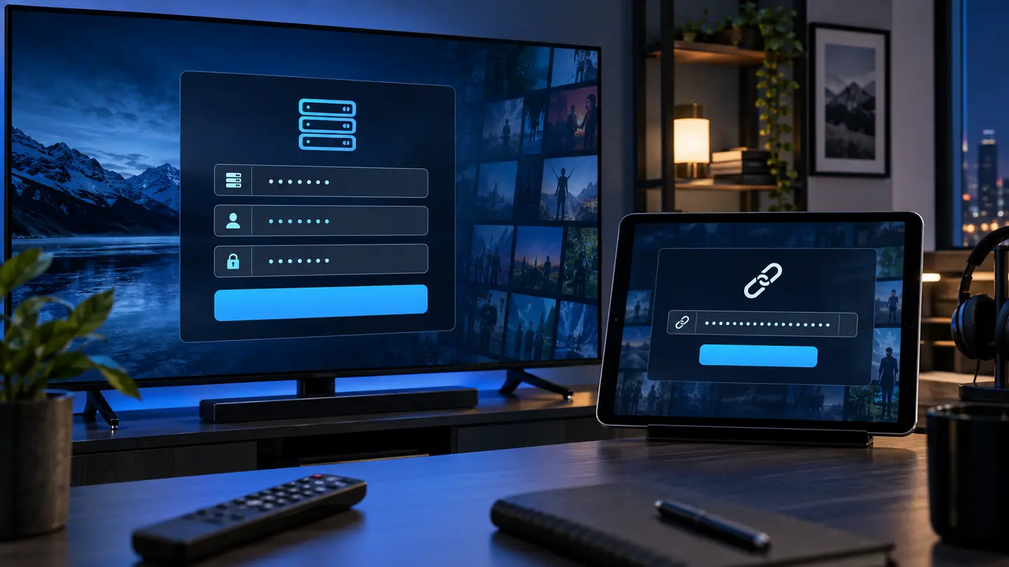 Television and tablet comparing generic IPTV username login fields with a playlist URL method