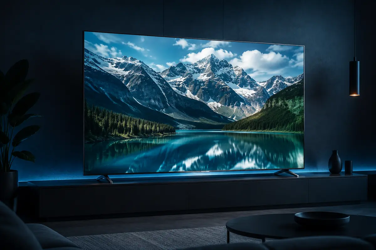 A large television displaying a detailed mountain lake to illustrate high-resolution playback