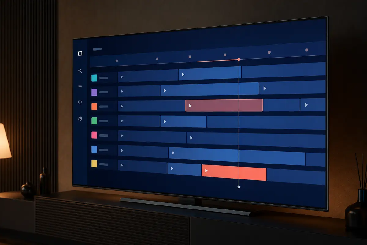 A television showing an original electronic programme guide with schedule rows