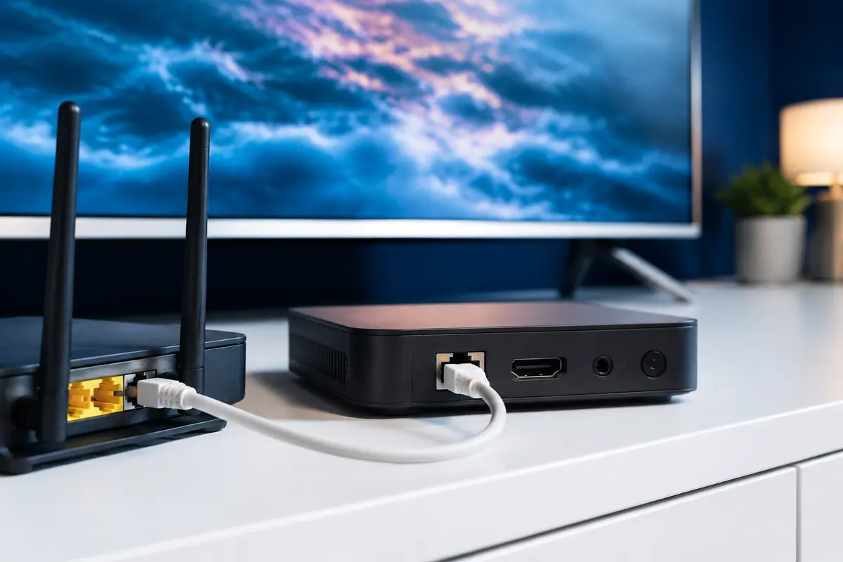 Ethernet cable linking a router to a television streaming device