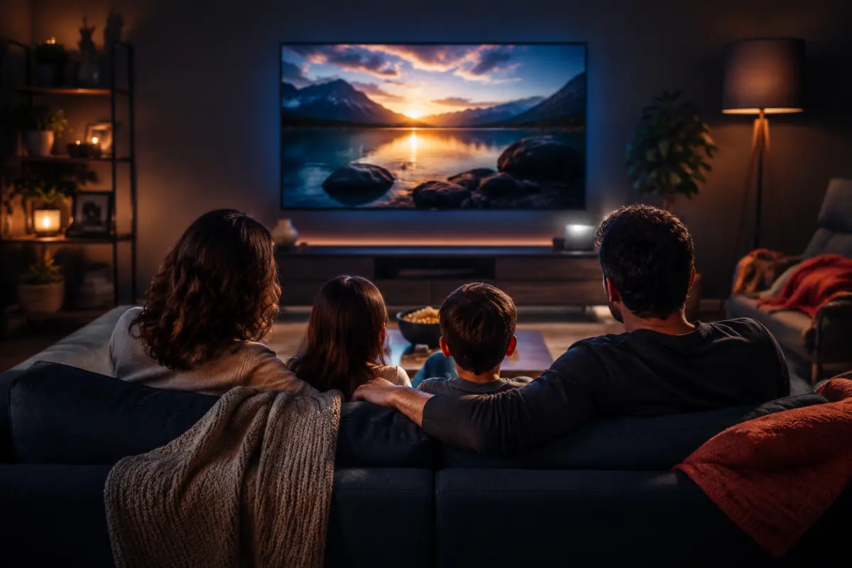 A family enjoying a movie night with a large television and warm home lighting