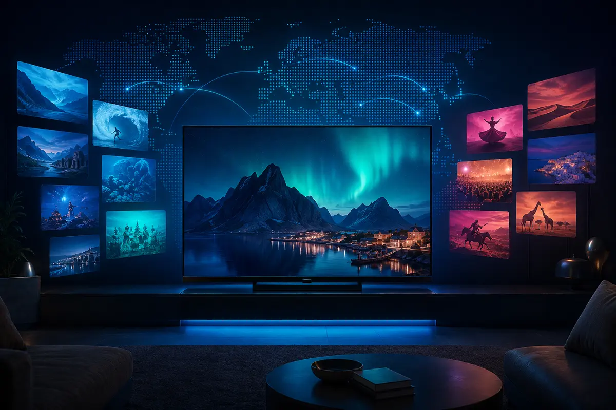 A television with a subtle world motif and original regional programme tiles