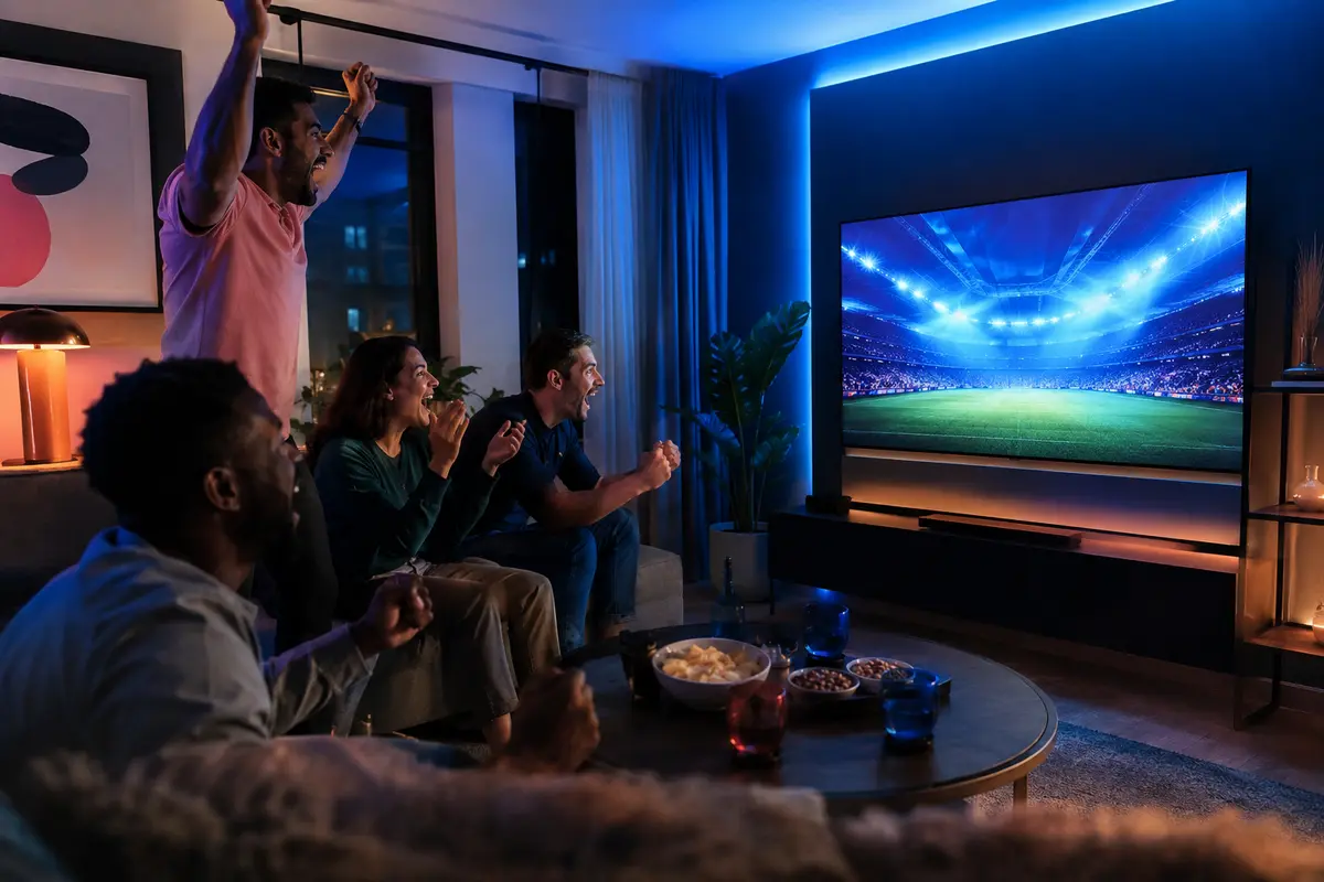 Friends watching a generic live sports event through a modern television setup