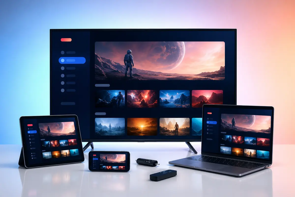 A television, tablet, phone and laptop showing a consistent original streaming interface