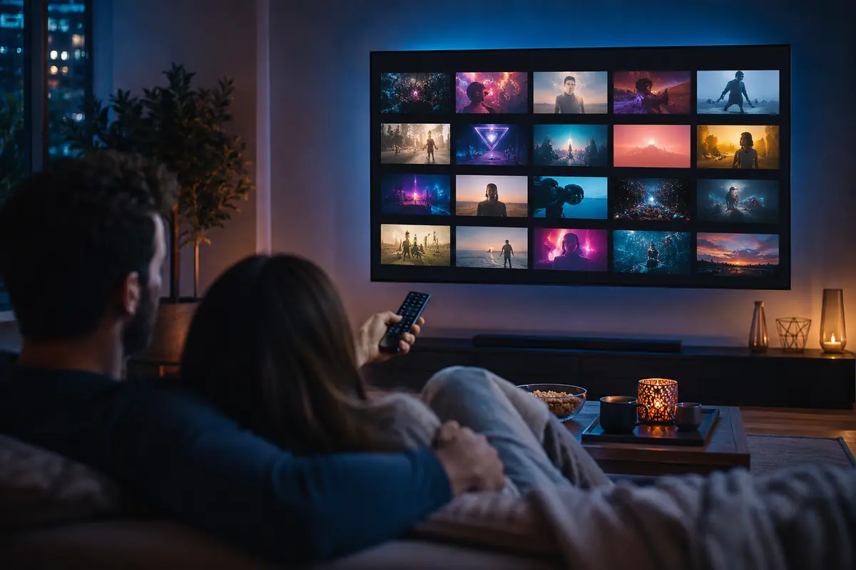 A couple browsing an original series library interface on a wall-mounted television