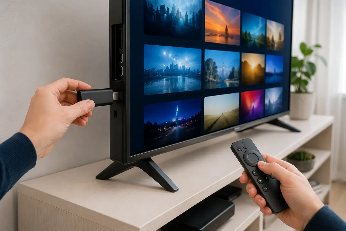 Hands connecting a generic HDMI streaming stick and using a television remote